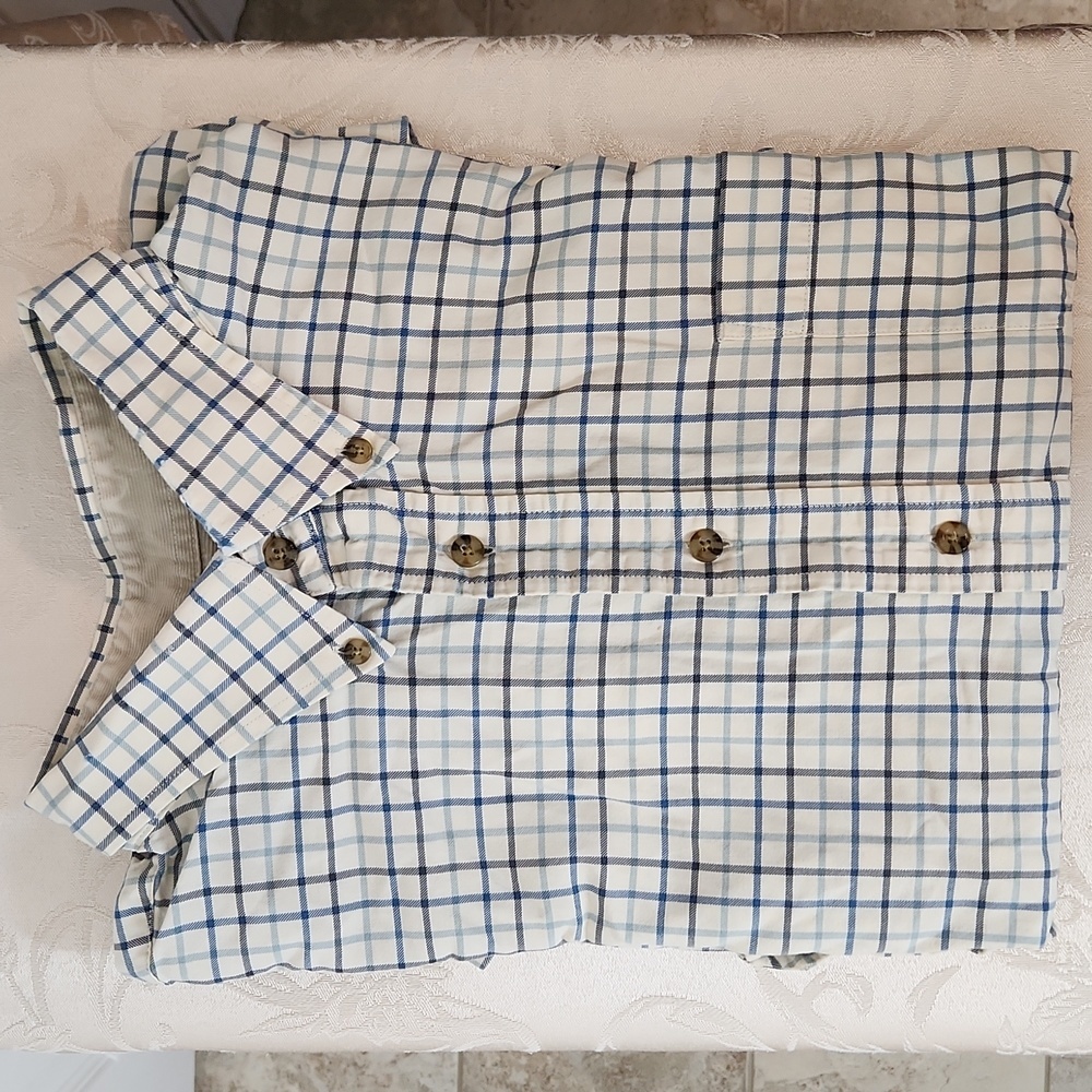 Men's Eddie Bauer long sleeve button-down shirt blue off white corduroy XLT